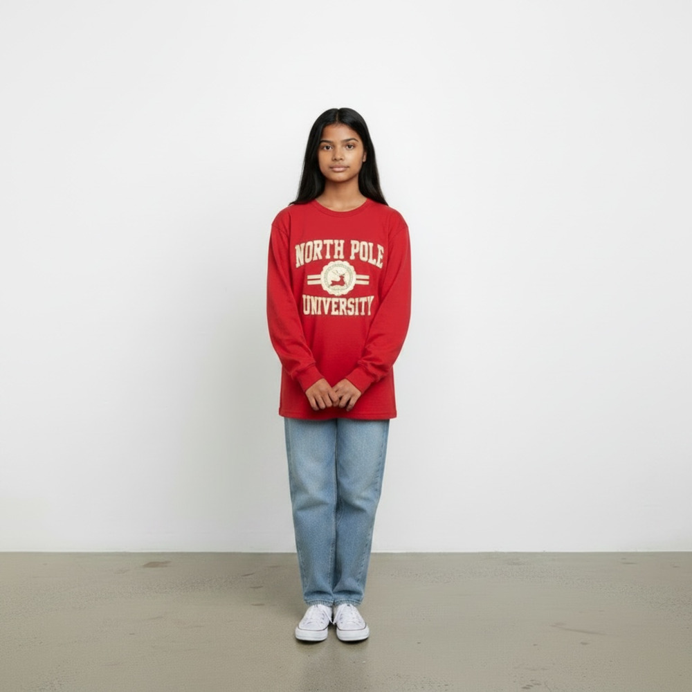 Holiday Time North Pole University Christmas Long Sleeve Graphic T-Shirt Red